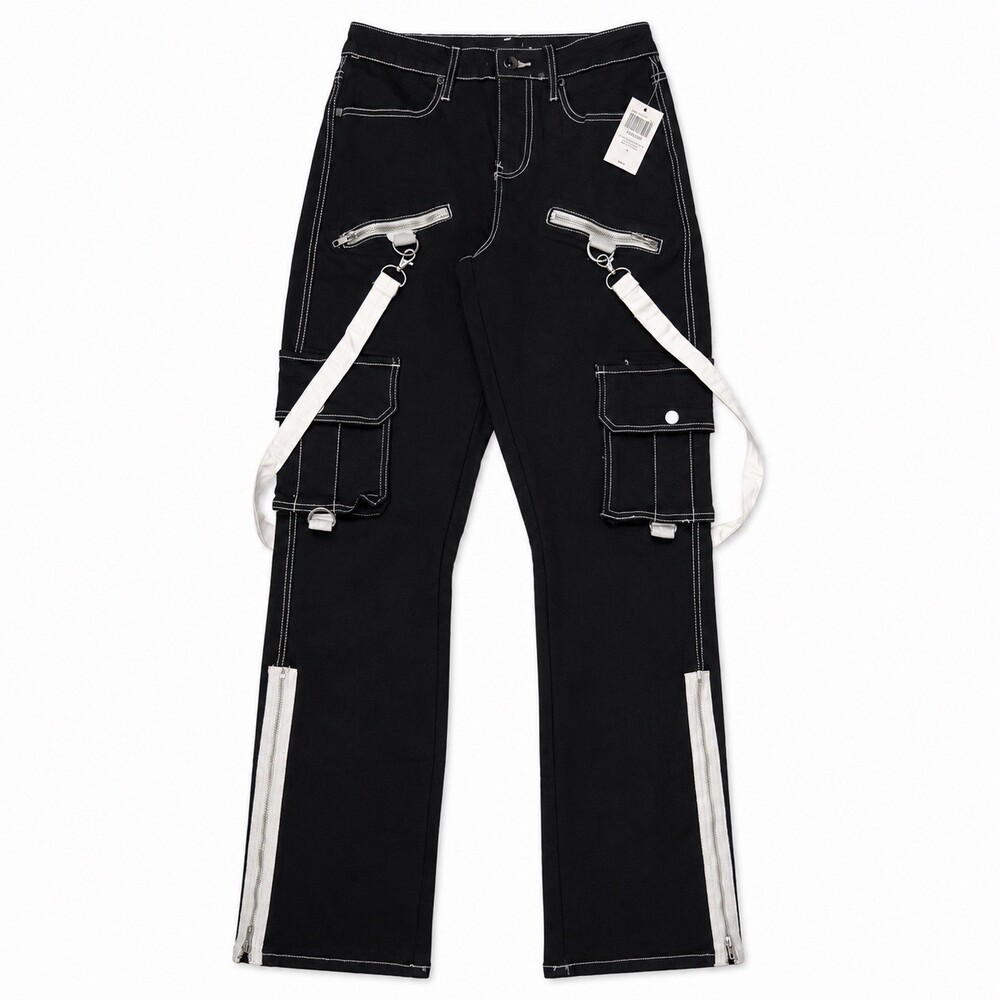 Social Collision Y2K Low Rise Cargo Pants Women 1 Black White Star Straps NWT